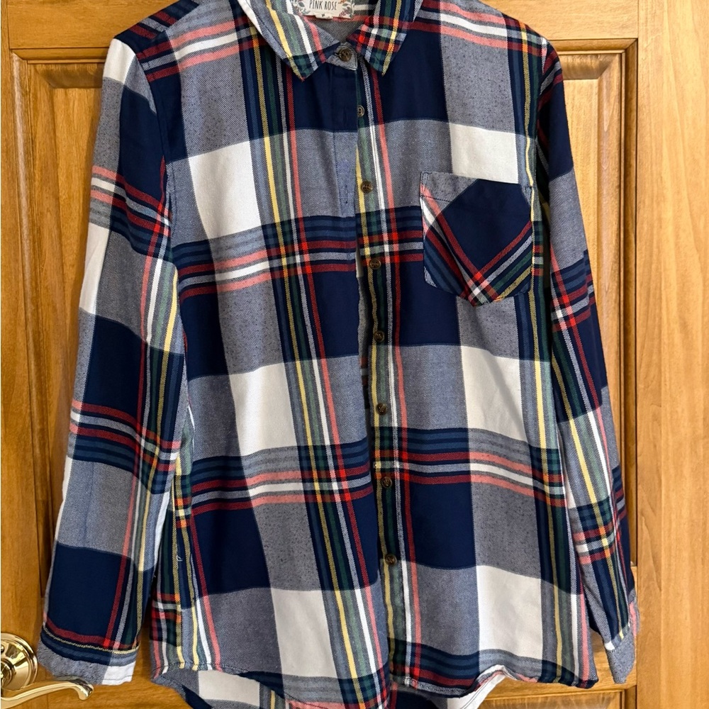 Navy and Red Plaid Button-Up Shirt